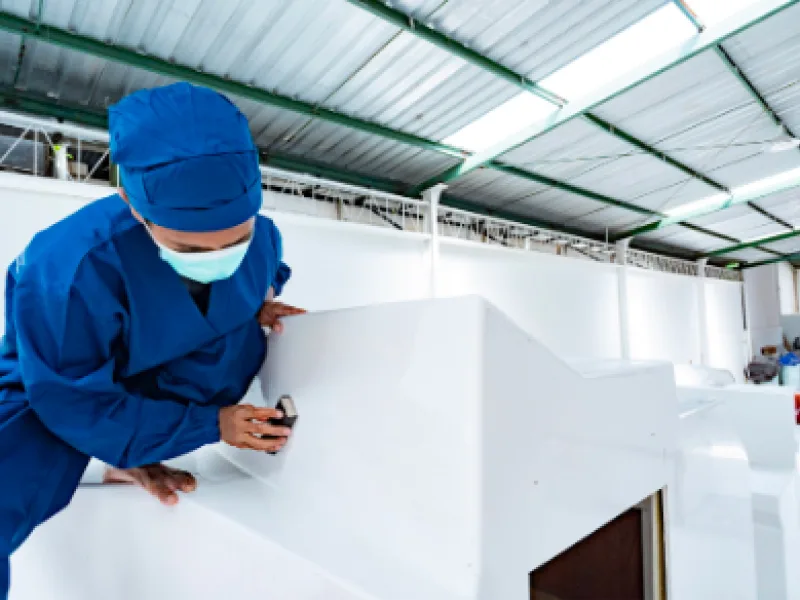 A worker finishing a white boat hull by hand