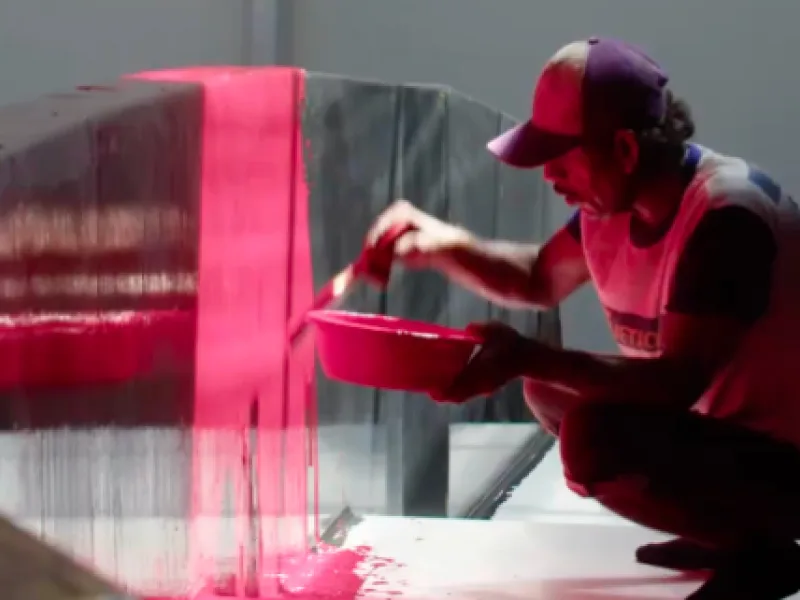 A worker applying red paint to a boat hull