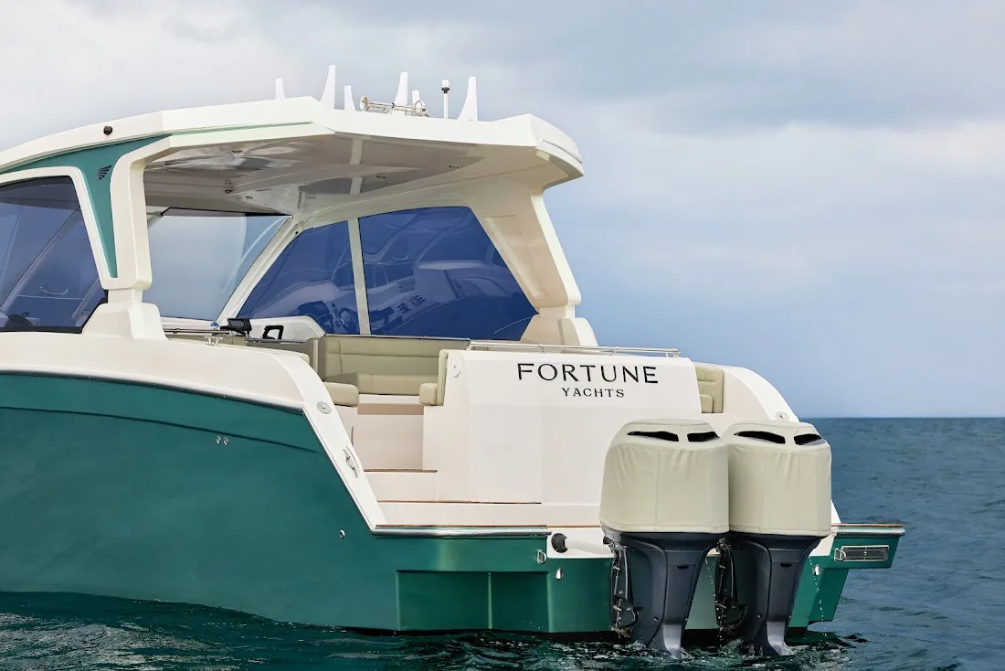 Twin Yamaha outboard engines mounted on the Eldorado 40 transom
